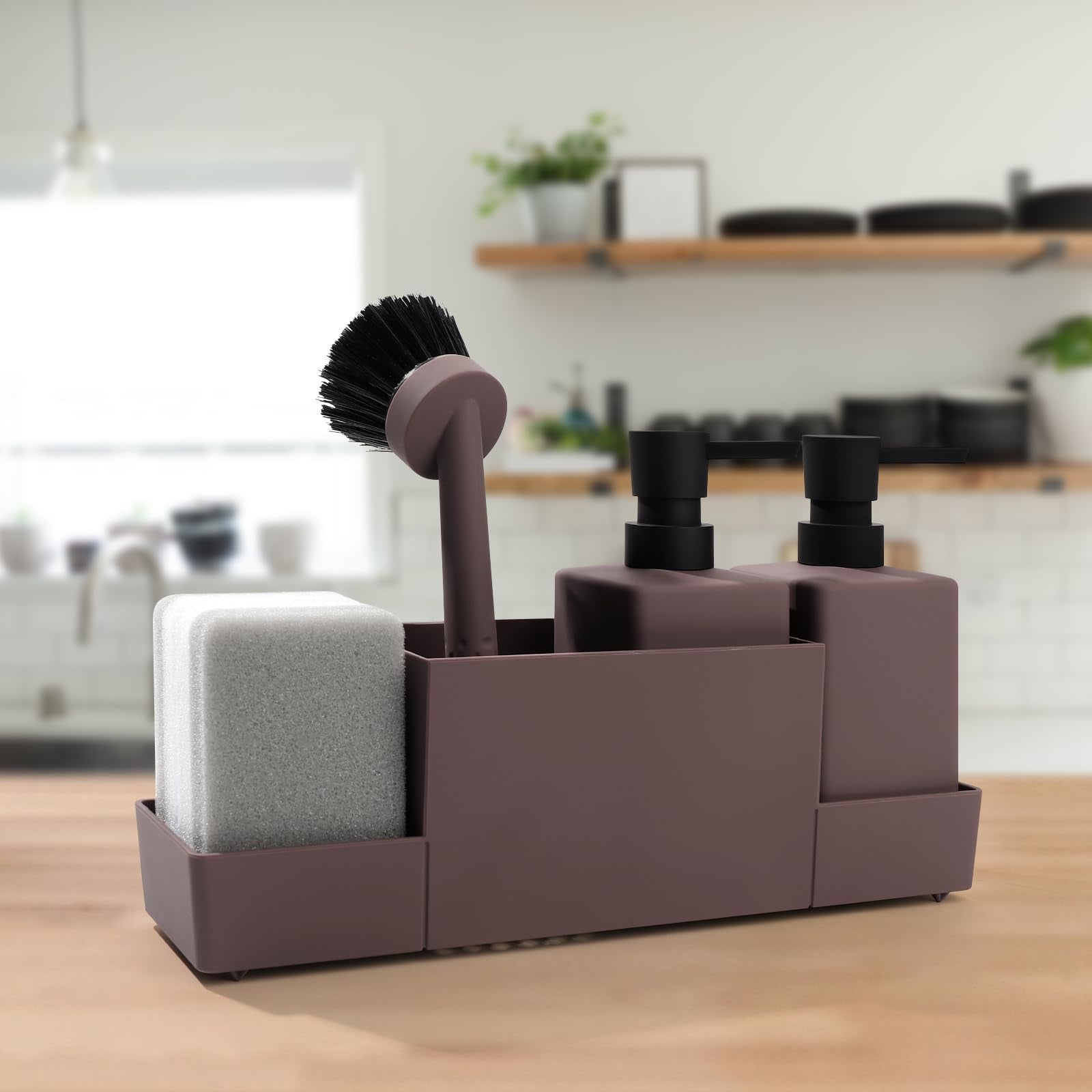 Kitchen Soap Dispenser With Sponge Holder Set For Sink Caddy, Hand Soap And Dish Soap Dispenser With Brush (Brown)