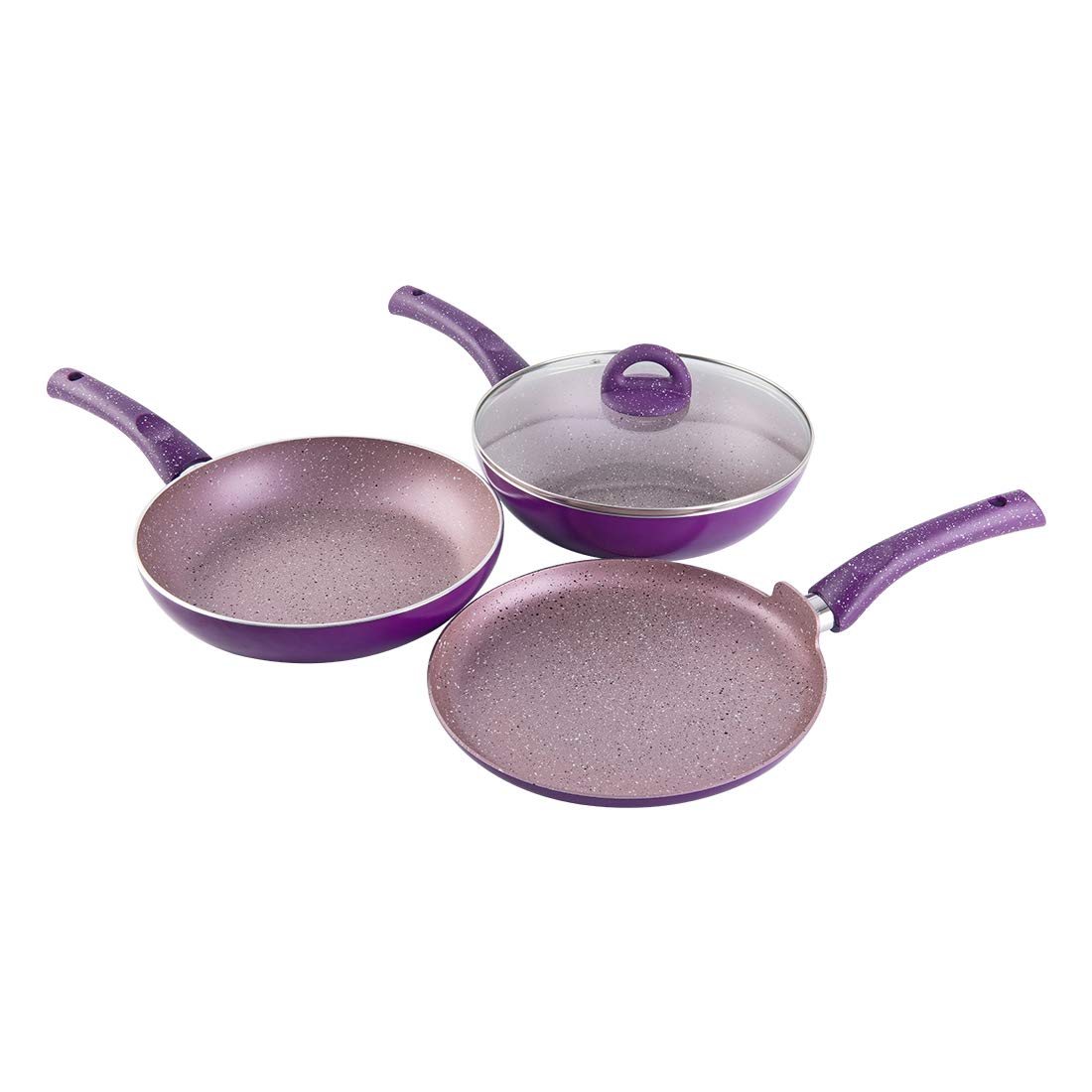 Wonderchef Granite 4 Pc NonStick Cookware Set For Kitchen, Fry Pan 26Cm, Wok With Lid 26Cm, Dosa Tawa 26Cm, NonToxic Pfoa Free