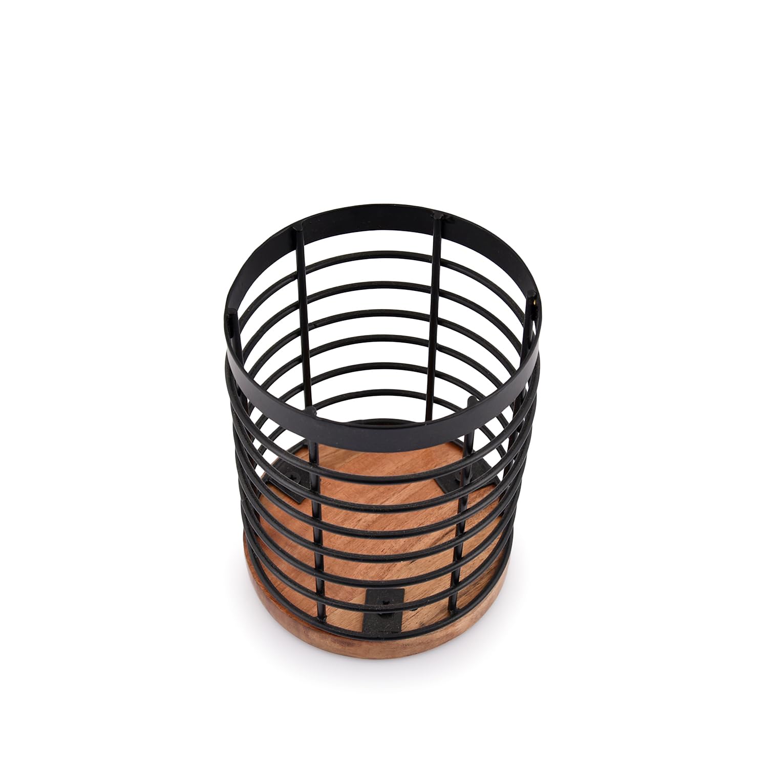 Edhas Black Iron Kitchen Utensil Holder With Acacia Wooden Base Round Flatware Storage For Countertop (4.5'' X 4.5'' X 6'')