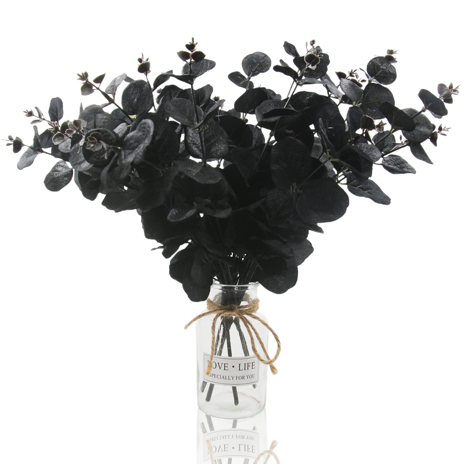 Hananona 6 Pcs Artificial Black Eucalyptus Stems, 14 Eucalyptus Leaves Branches Bouquet for Flower Arrangement DIY, Black Silk F