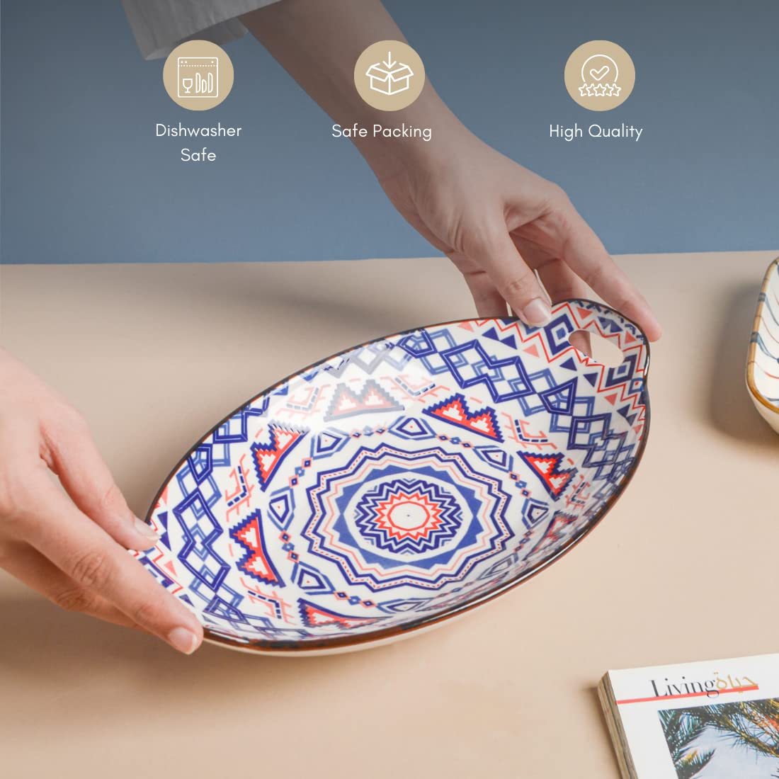 Nestasia Blue & Red Mandala Ceramic Long Dish with Handles for Serving Snacks, Appetizers, Salads, and Noodles| Microwave Safe,