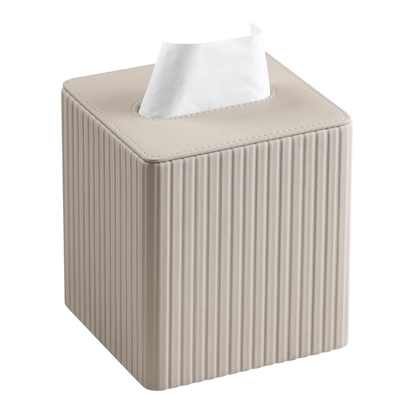 Meibooch Pu Leather Tissue Box Cover Square Tissue Box Holder With Magnetic Closure (Beige Stripe)
