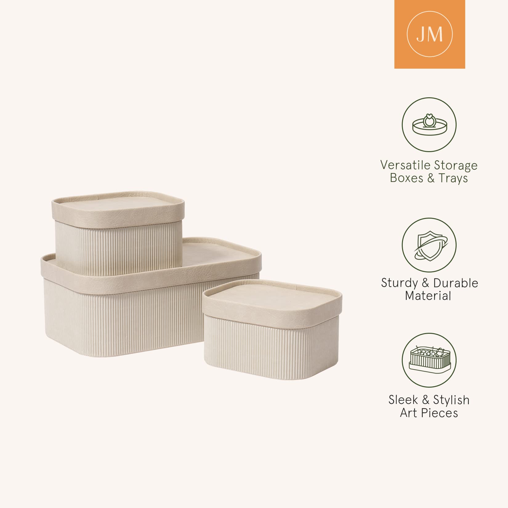 La Jolie Muse Storage Basket Set Of 3 With Leather Lids Fluted Cardboard - Light Grey