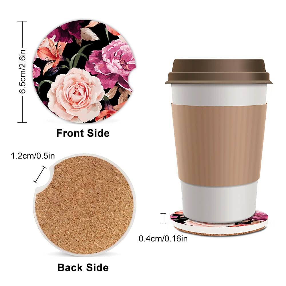 Black Rose Absorbent Cup Holders Car Coasters Ceramic Stone Drinks Coaster Set for Women Man 2.56''(2 Pack)