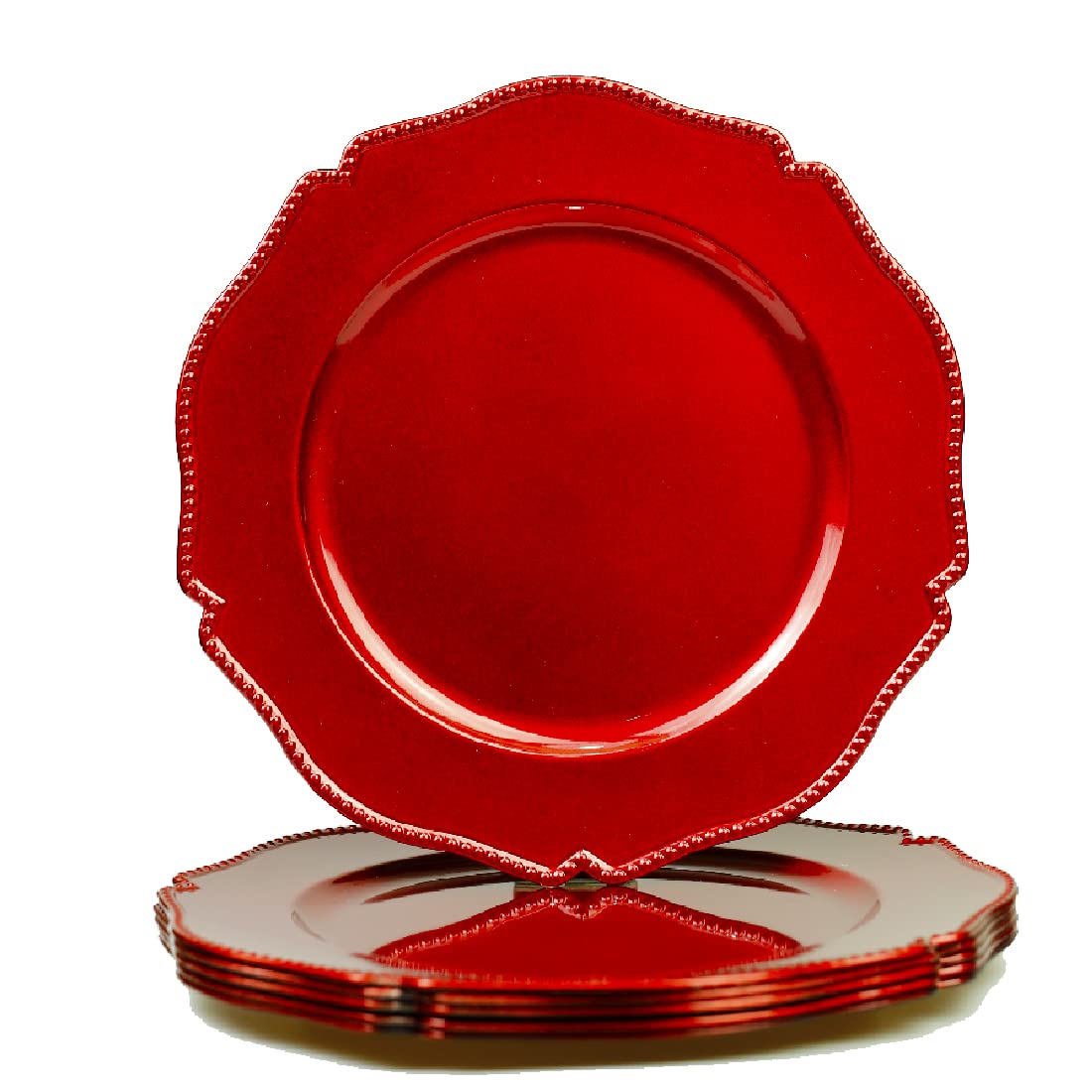 Umisriro Hot Red Scalloped Charger Plates With Beaded Rim,13 Inch Plastic Dinner Chargers For Wedding And Party Table Settings,