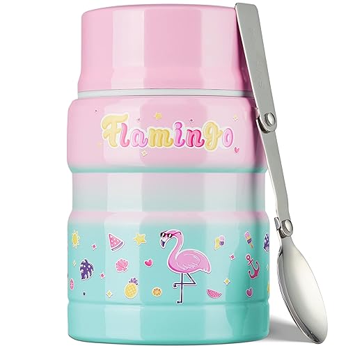 Charcy 17Oz Kids Thermo For Hot Food - Soup Thermo With Folding Spoon - Insulated Food Jar For Hot & Cold Food - Pink Green Flam