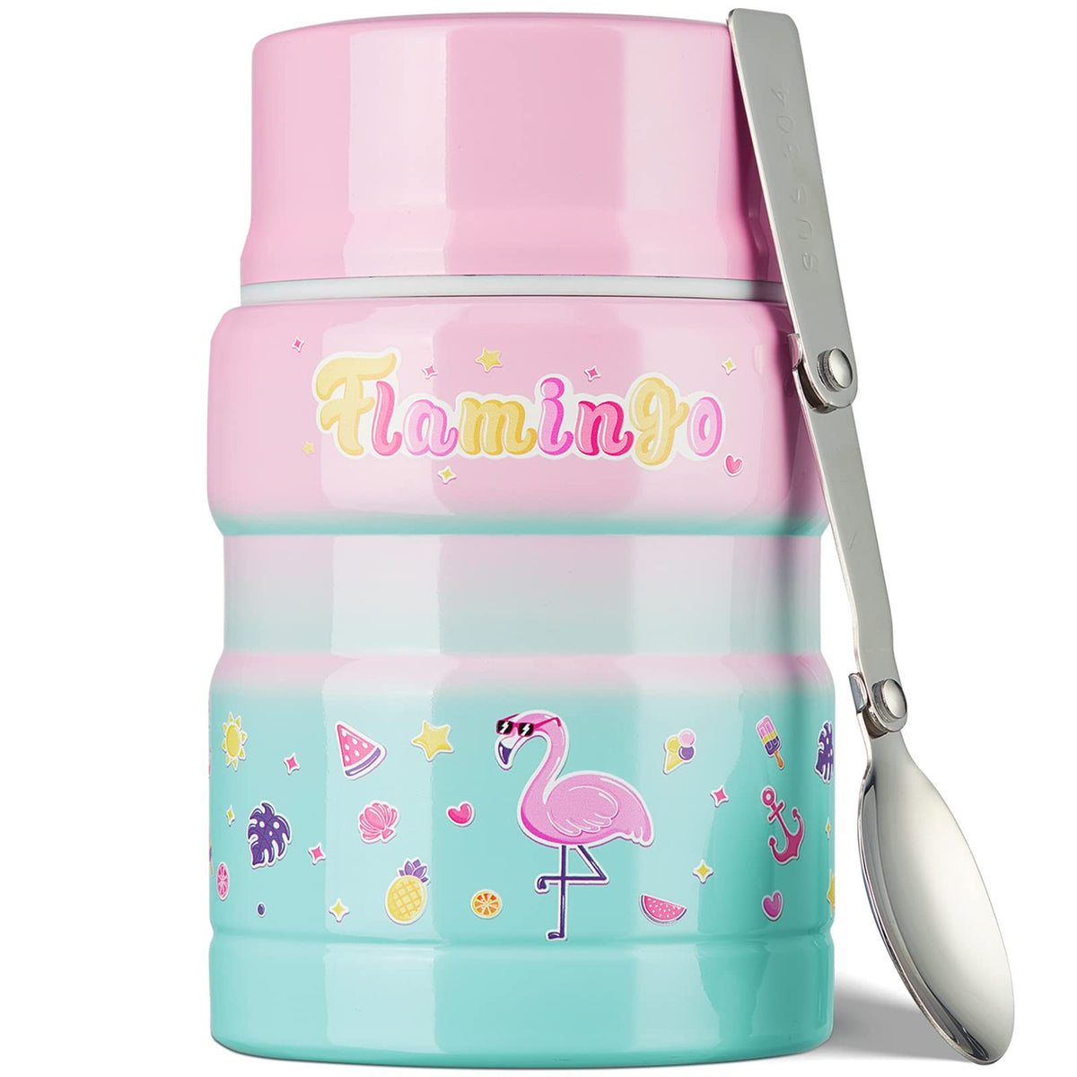 Charcy 17Oz Kids Thermo For Hot Food - Soup Thermo With Folding Spoon - Insulated Food Jar For Hot & Cold Food - Pink Green Flam