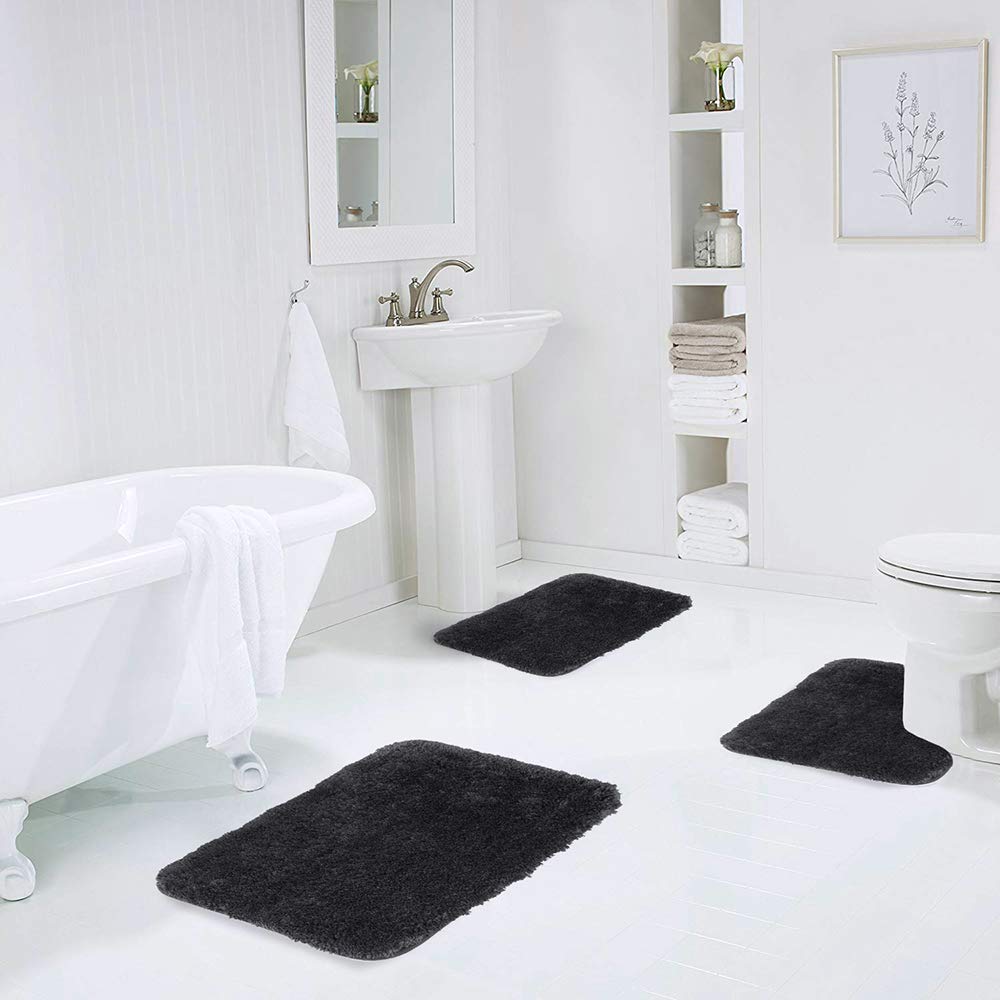Walensee Shaggy 2 Piece Bath Rug Sets (Black) 20 X 24 U Shape Contour Rug & 20 X 32 Bathroom Rug Machine Wash/Dry Bath Mats For