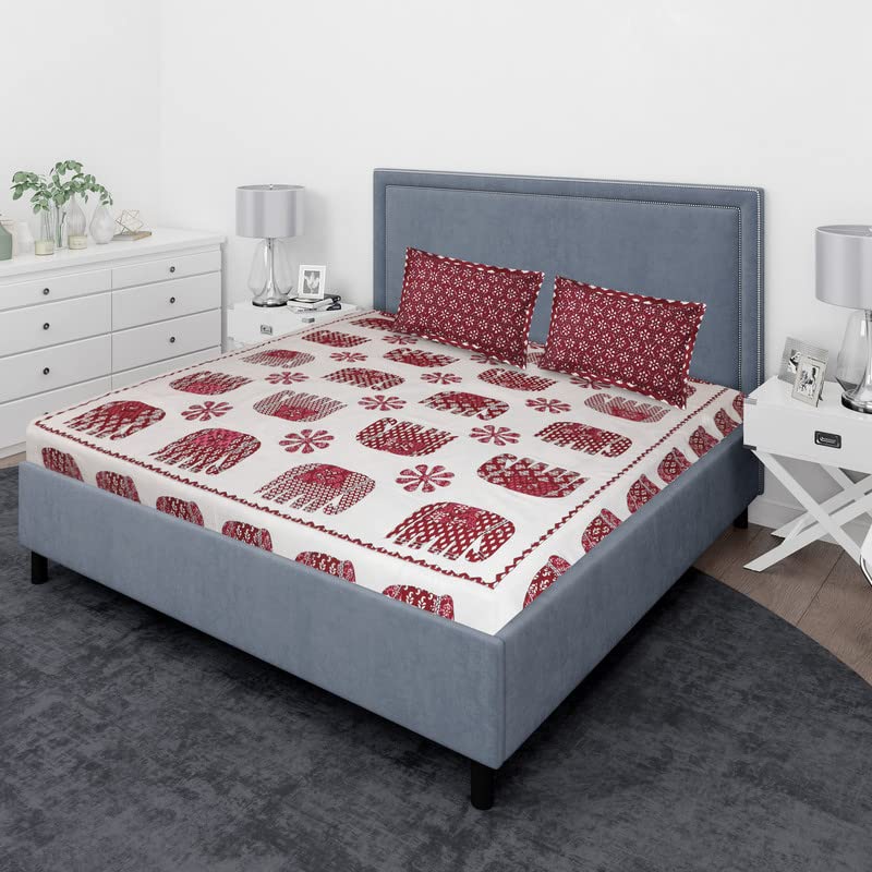 Vhc Maroon Elephant Printed Cotton Double Bedsheets Bed Cover With 2 King Size Pillow Cover | Soft Wrinkle Free Easy Care | Size