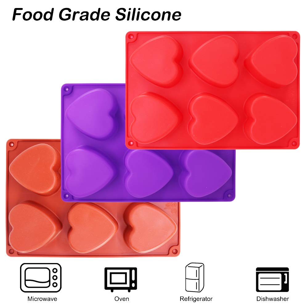 3 Packs 6 Cavities Heart Shaped Silicone Mold (Purple, Red, Brown), Findtop Baking Mold Cake Pan, Biscuit Chocolate Mold, Ice Cu