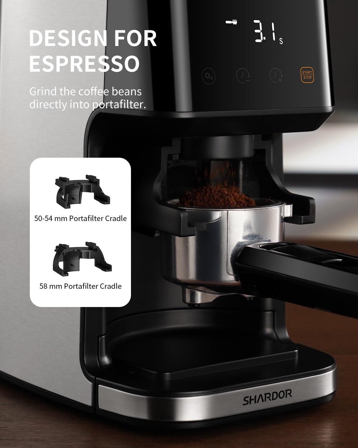 SHARDOR Conical Burr Espresso Coffee Grinder, Electric, Precision Timer 2.0, Stainless Steel, Medium Size, Model CG018, Silver