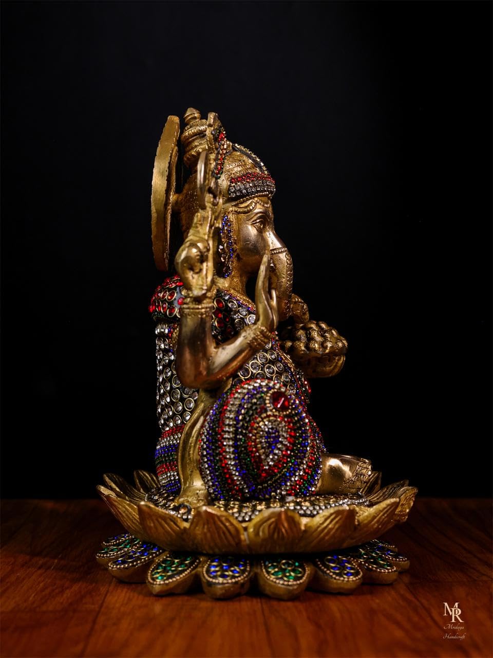 Mridaya Brass Ganesha Statue With Mosaic Stonework, 24 Cm Brass Ganesh Statue, Ganpati Idol, Good Luck Gift For New Beginnings,