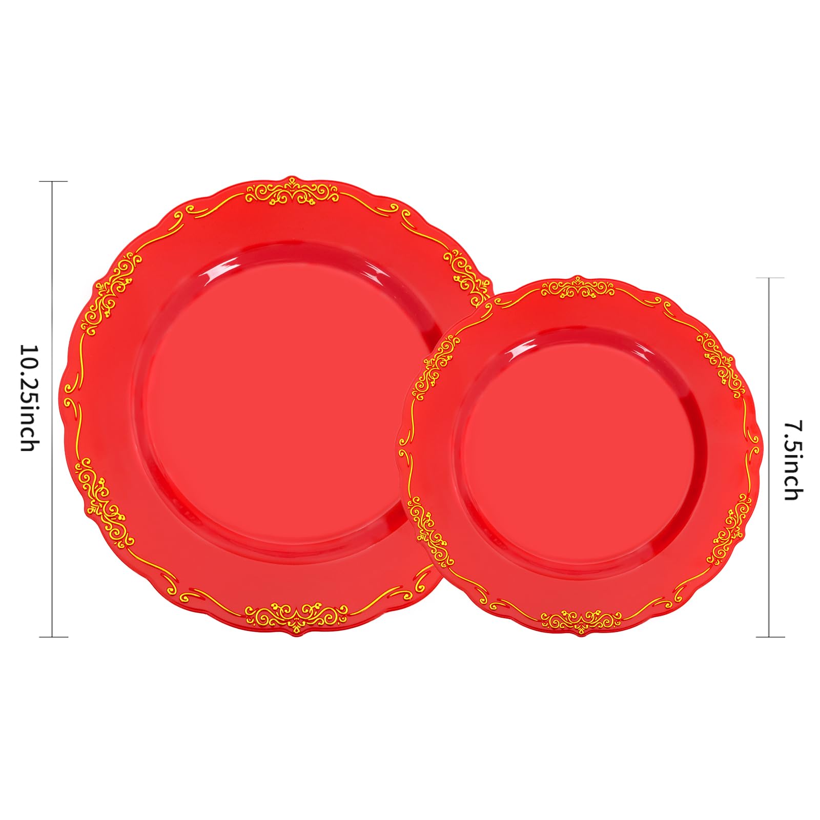 U-Qe 100Pcs Red Plastic Plates - Heavy Duty Red Valentines Plates Disposable With Gold Rim - Include 50Pcs 9Inch Red Dinner Plat
