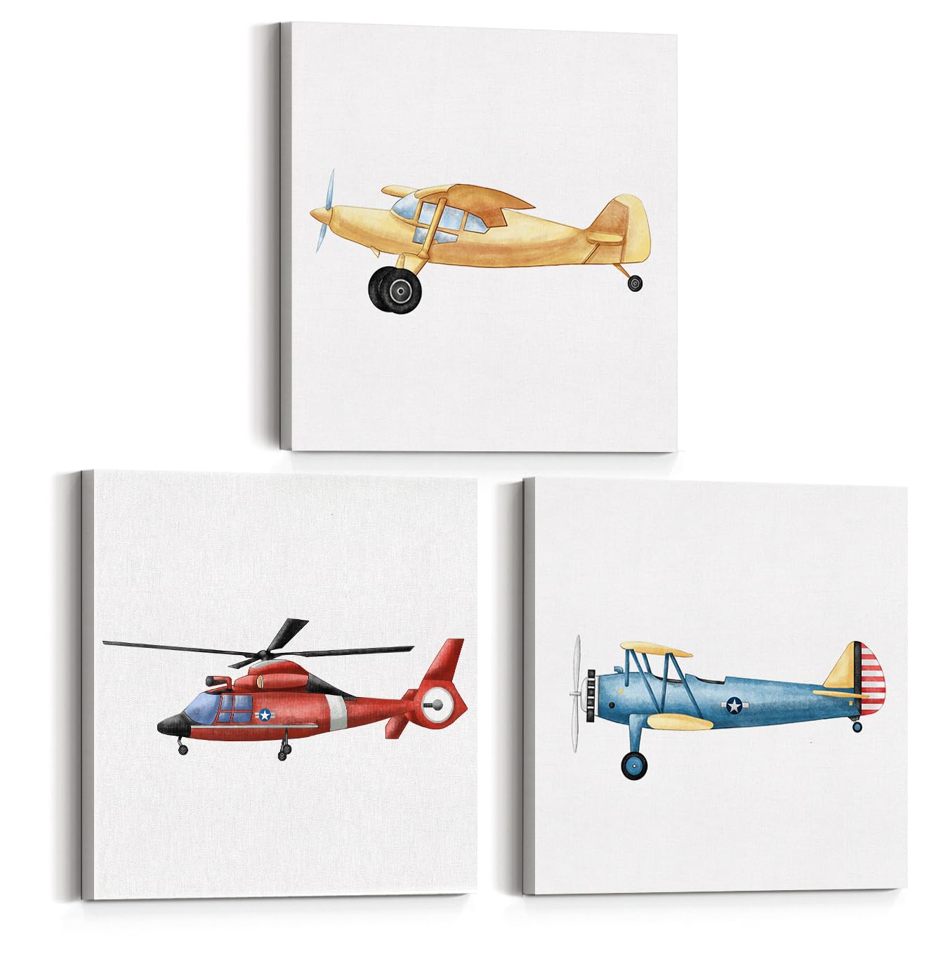 Set Of 3 Watercolor Airplane Nursery Transportation Canvas Wall Art Framed Paintings Prints Vintage Plane Aircraft Canvas Poster