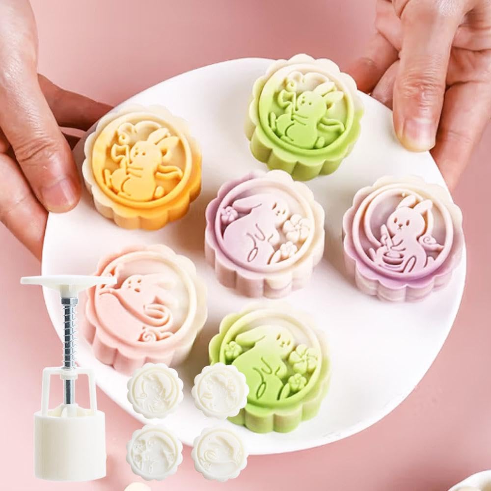Rabbit Moon Cake Mold 4 Pcs, Mid Autumn Festival Hand Press Cookie Stamps Diy Pastry Tool Moon Cake Maker