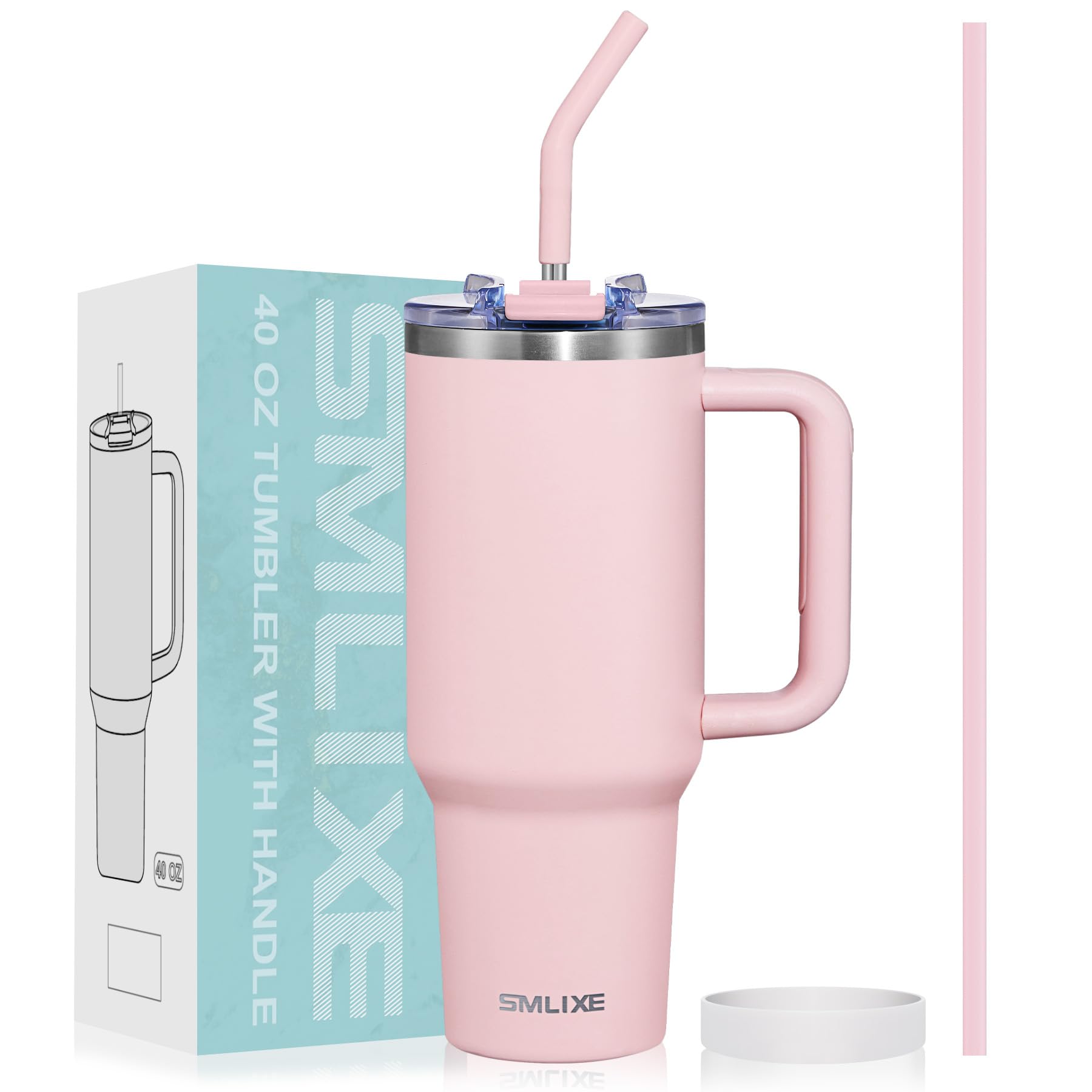 SMLIXE 40 oz Tumbler with Handle and Straw Lid,Insulated Reusable Stainless Steel Water Bottle Travel Mug,Cupholder Friendly Dou