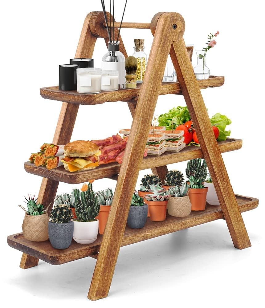 Manspdier Wood 3 Tier Serving Tray Three Tiered Cupcake Stand, Rectangle Serving Platter Wooden Farmhouse, Party Serving Brown D