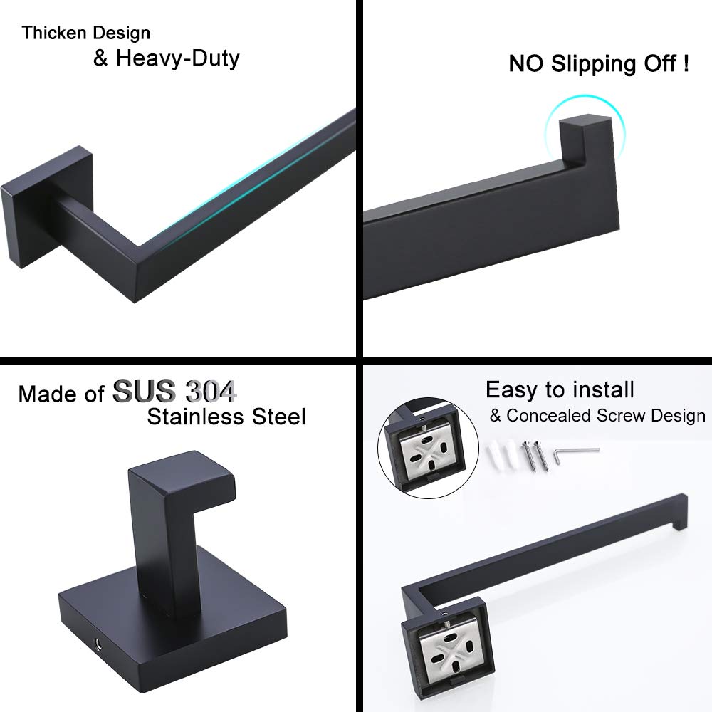 Turs Black 3-Piece Bathroom Towel Holder Set Stainless Steel Wall Mount Bath Hardware Set Toilet Paper Holder Towel Hook,Q7010Bk