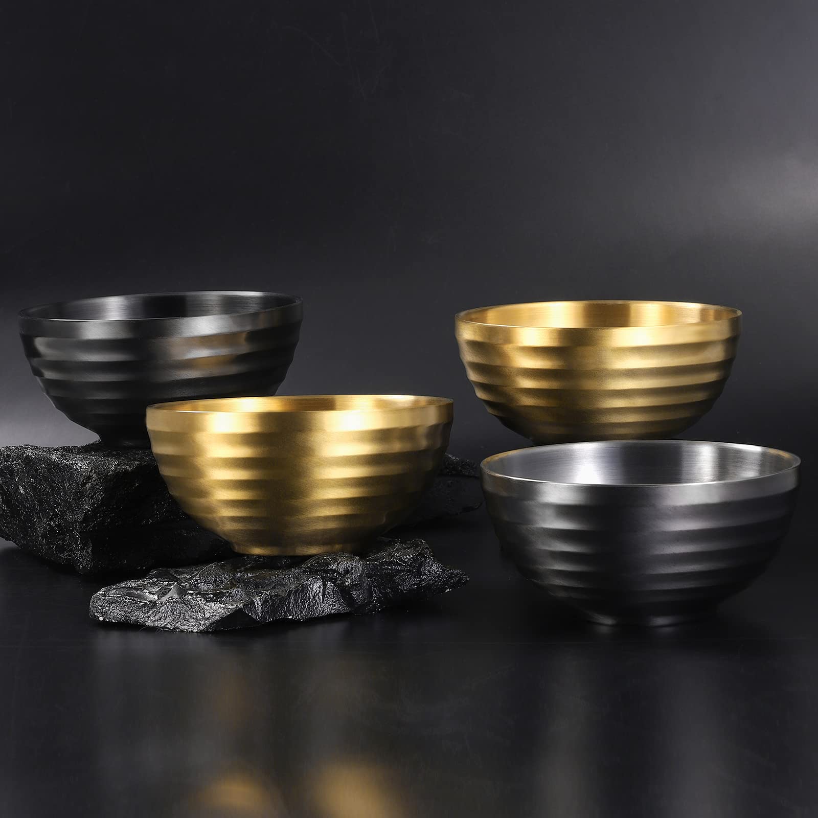 Tiicoo 4Pcs 18/8 Stainless Steel Bowls Double Layer Insulated Noodle Soup Bowl Rice Bowl Salad Bowl, Metal Bowls For Fruit Cerea