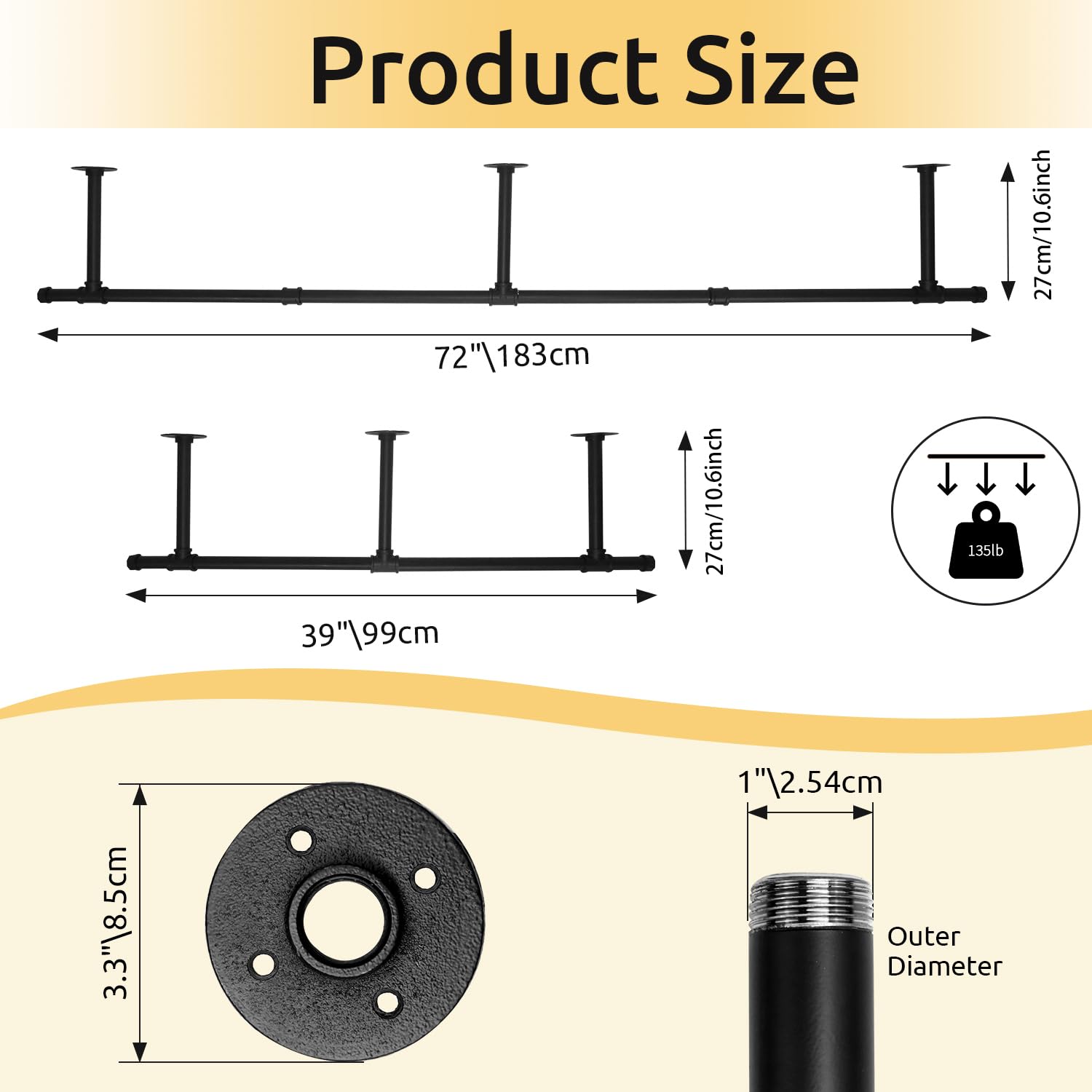 Oroonoko 72Inch Industrial Pipe Clothes Garment Rack Ceiling Mount For Hanging Rod Bar For Laundry Room Up To Max Load 135Lb