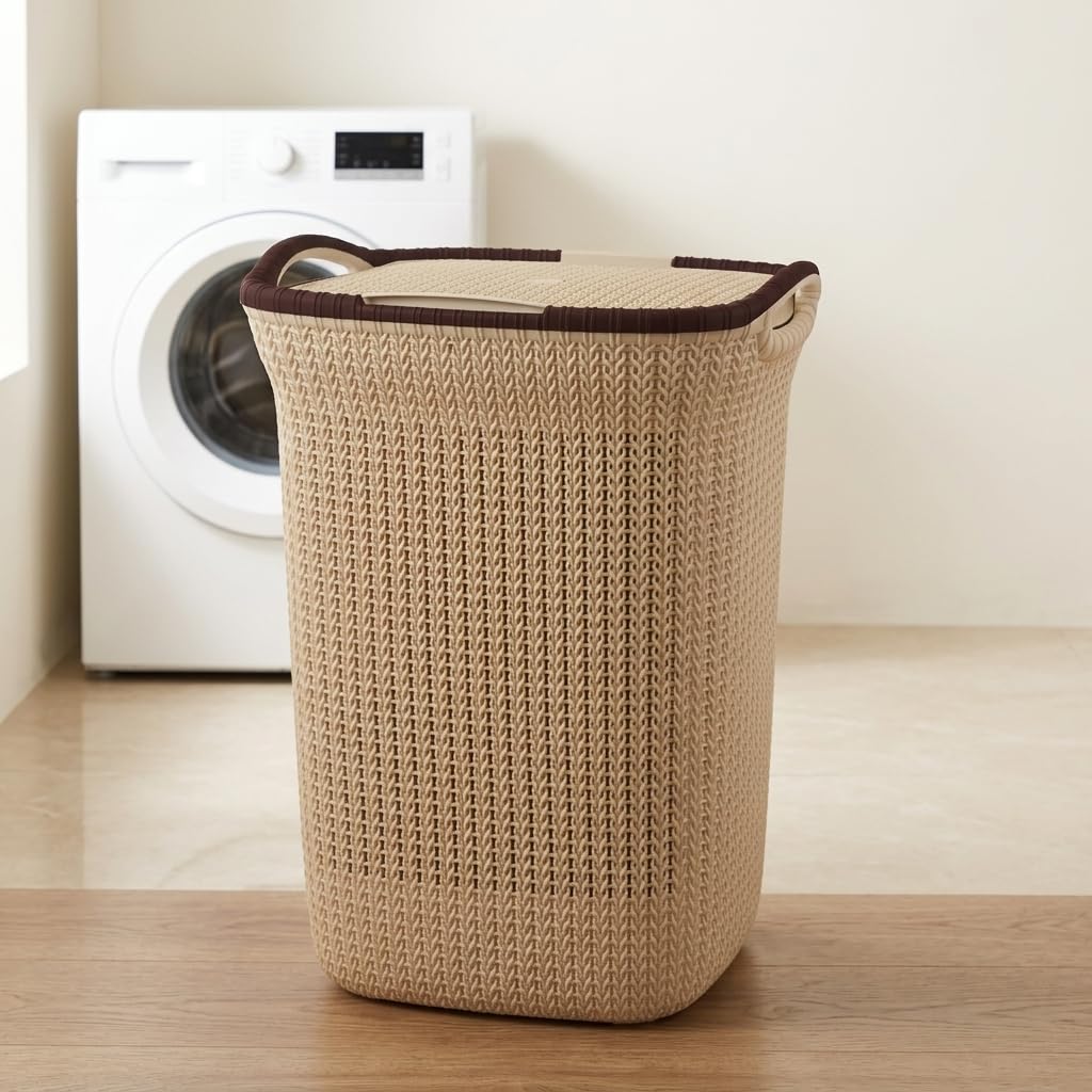 Prettykrafts 60L Plastic Laundry Basket With Lid | Large Clothes Laundry Basket & Storage Bin | Toy Storage Basket | Multipurpos