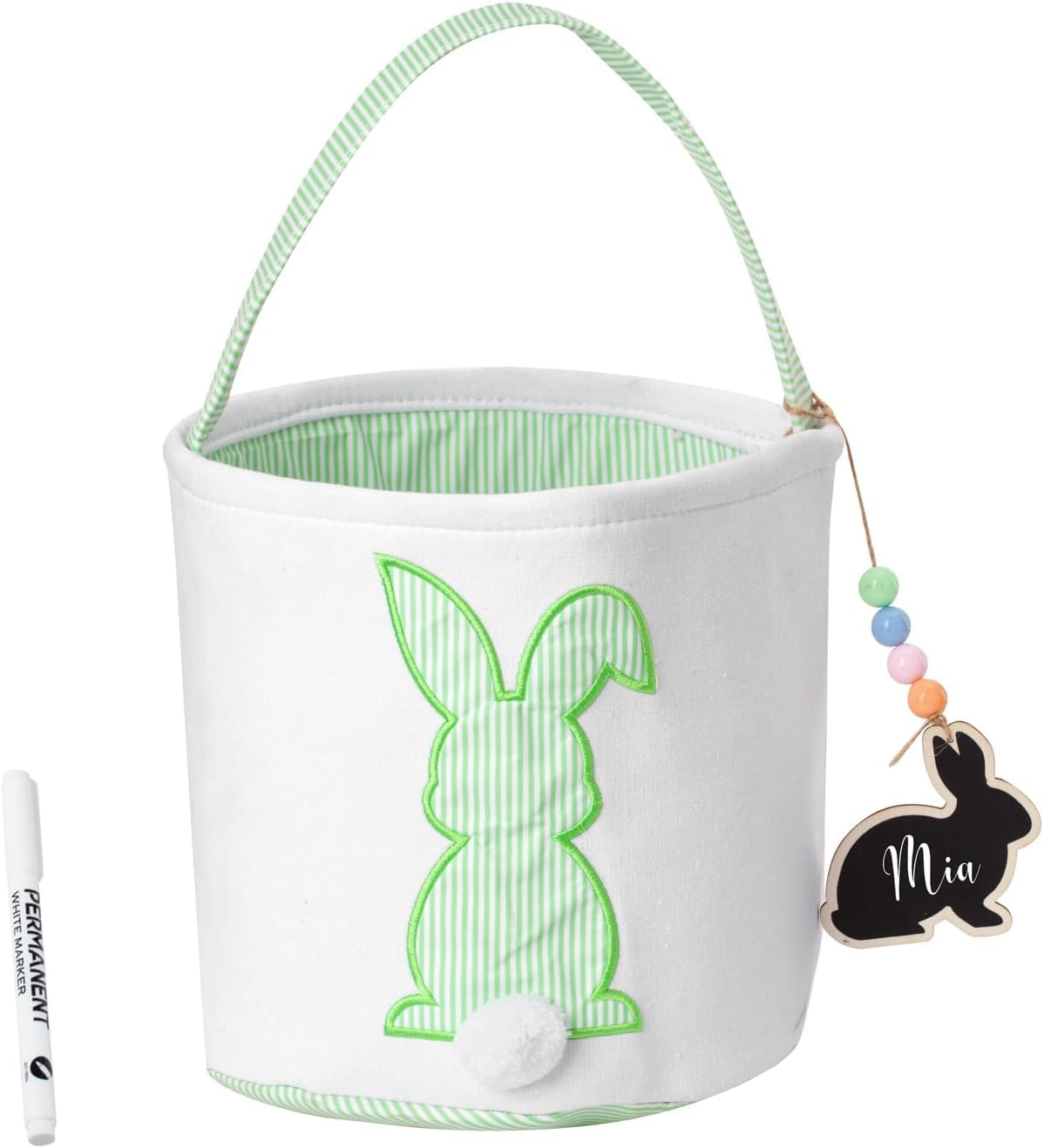 Easter Basket, Bunny Baskets with Pom-Pom Tail, Stripe Pattern, Bucket for Egg Hunts, Easter Gifts (Green)