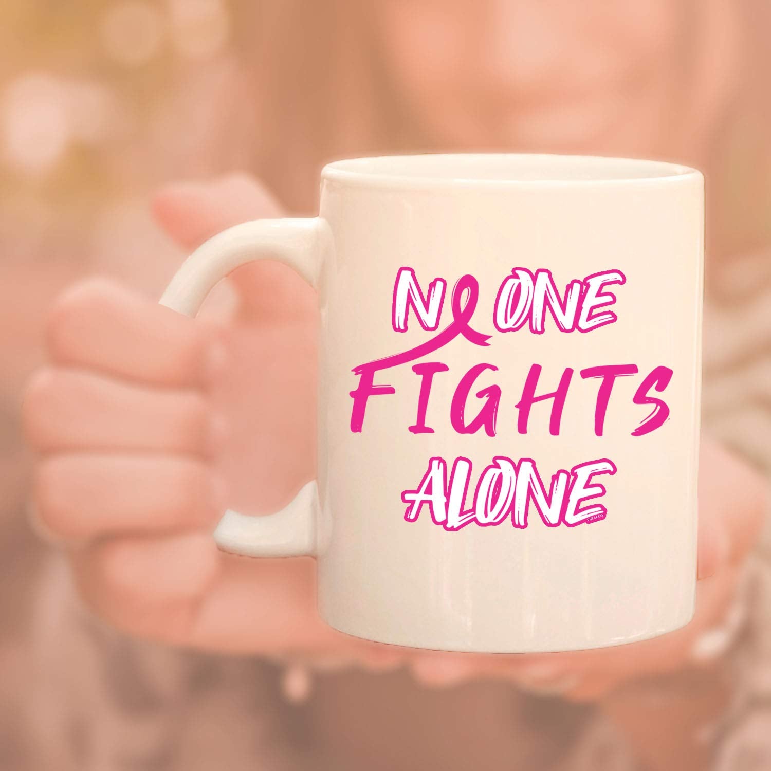 Veracco No One Fight Alone Cancer Awareness Pink Ribbon Ceramic Coffee Mug Motivational Inspirational Uplifting FunnyGift For Br