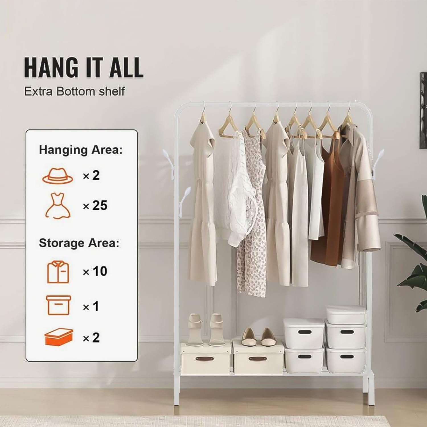 Lukzer Single Pole Coat Hanger/Cloth Stand/Garment Stand With Bottom Shelves - Metal Garment Rack For Organized Storage 4 Hook (