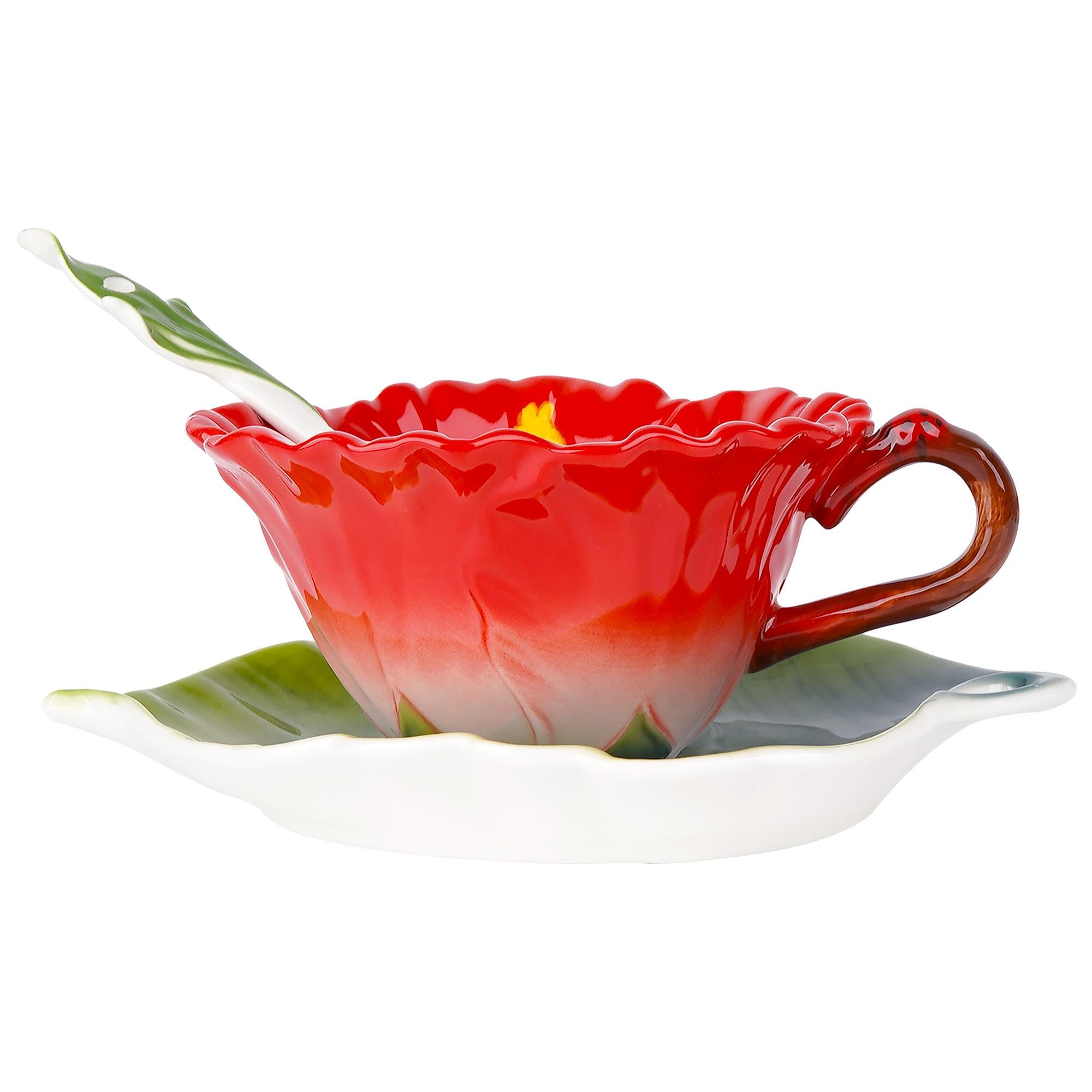 Philo Fun Hibiscus Flower Tea Cup And Saucer Set 6 Oz, Enamel Flower Porcelain Coffee Cup Saucer Set With Spoon For Women, Hand