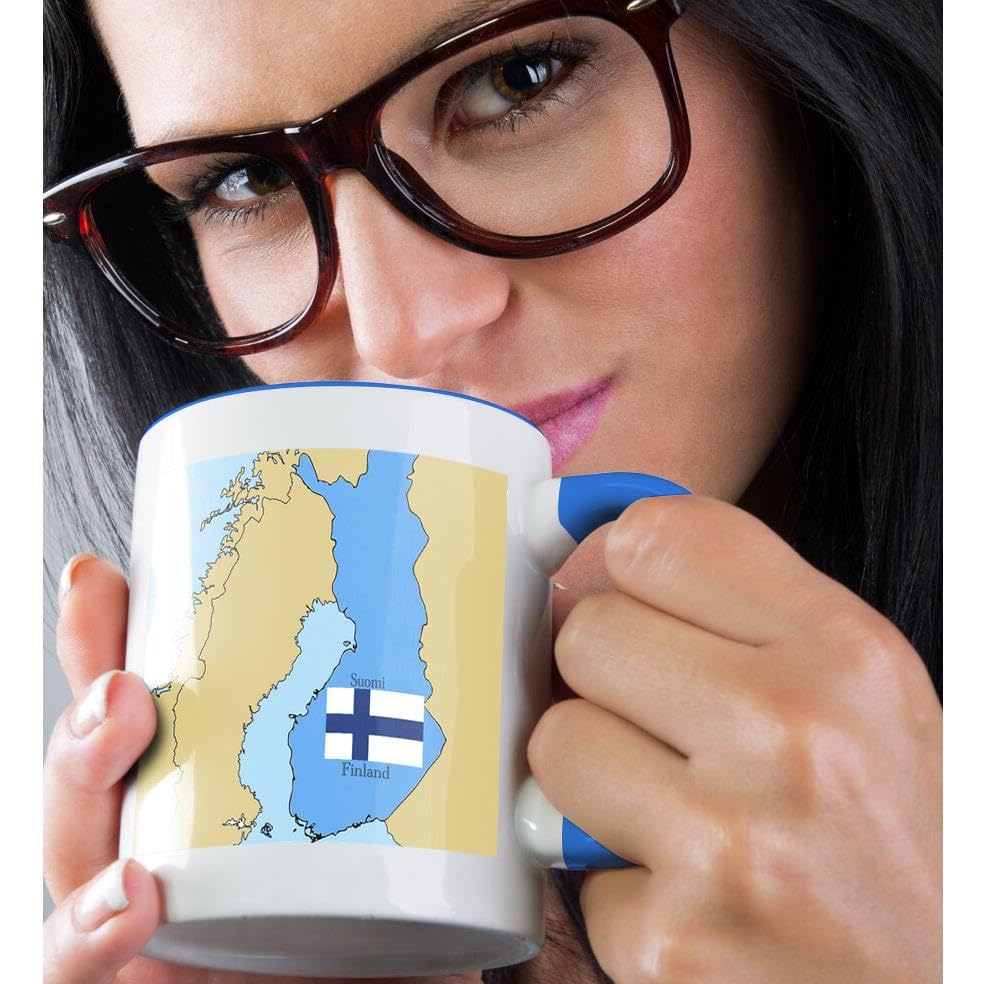 3dRose mug_37585_6 ''The map and flag of Finland with Finland printed in English and Finnish.'' Two Tone Blue Mug, 11 oz, Multic