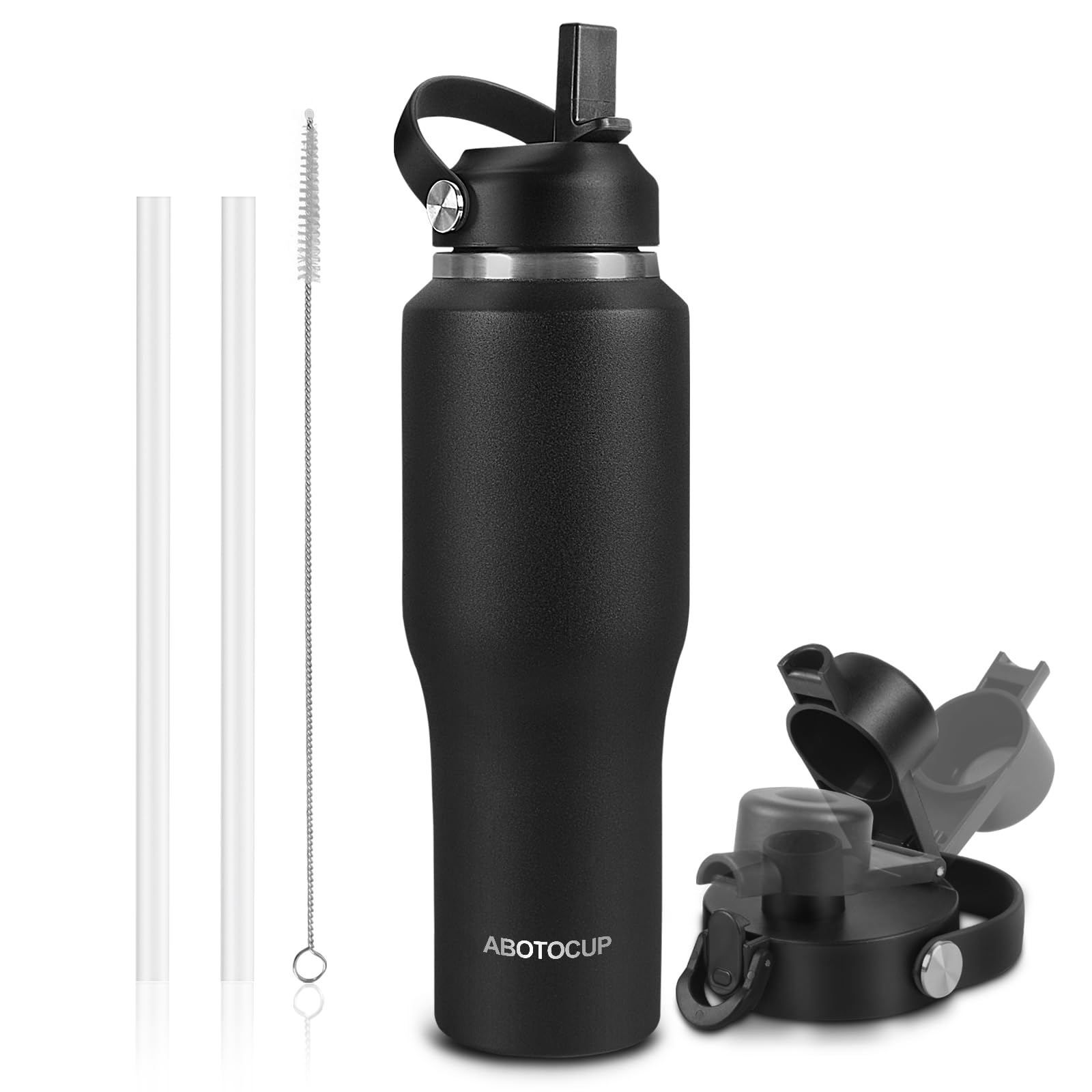 ABOTOCUP 32oz Black Water Bottle Stainless Steel, Keep Cold 24H&Hot 12H, Water Bottle with Straw&Spout Lids, Insulated Water Bot