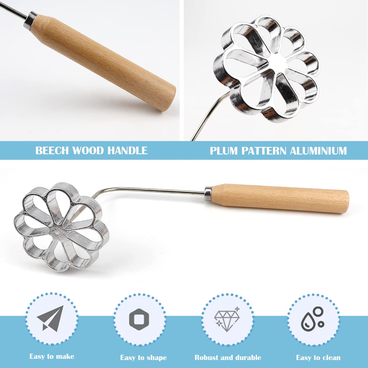 Doerdo 1Pcs Wooden Handle Frying Mold Rosette Waffle Molds Homemade Frying Mold Kitchen Gadgets, Silver