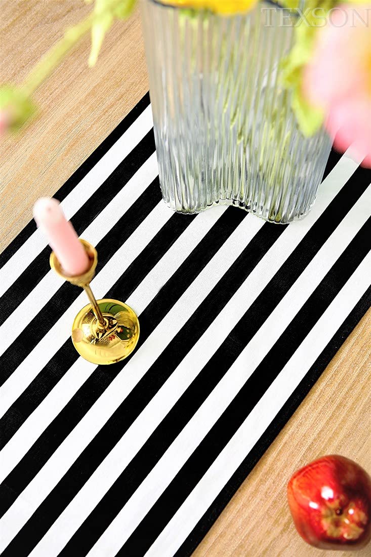 Texson 12 X 48 Inch Black And White Striped Table Runner, Boho Cotton Black And White Table Runner For Modern Wedding Party Deco