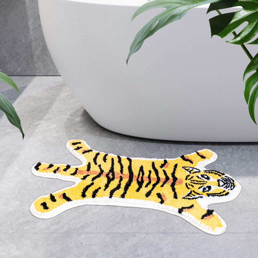 ZSCYD-yingda1992 Tiger Shaped Bath Mat for Bathroom Cute Animals Yellow Tiger Cartoon Bath Rug Non-Slip Absorbent Bathtub Rug for Bathroom Tub Door Mat Soft Bathmat Home Decor