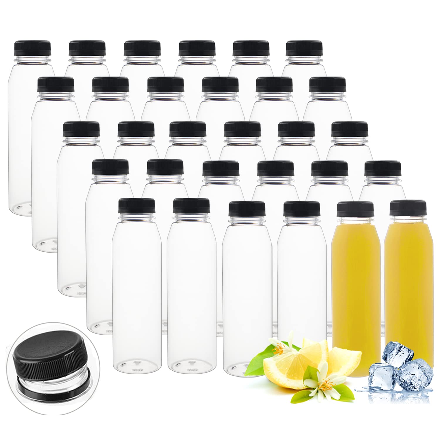 BPFY 30 Pack 12 oz Empty Plastic Juice Bottles with Caps Reusable Clear Beverage Containers with Black Tamper Evident Lids, Brus