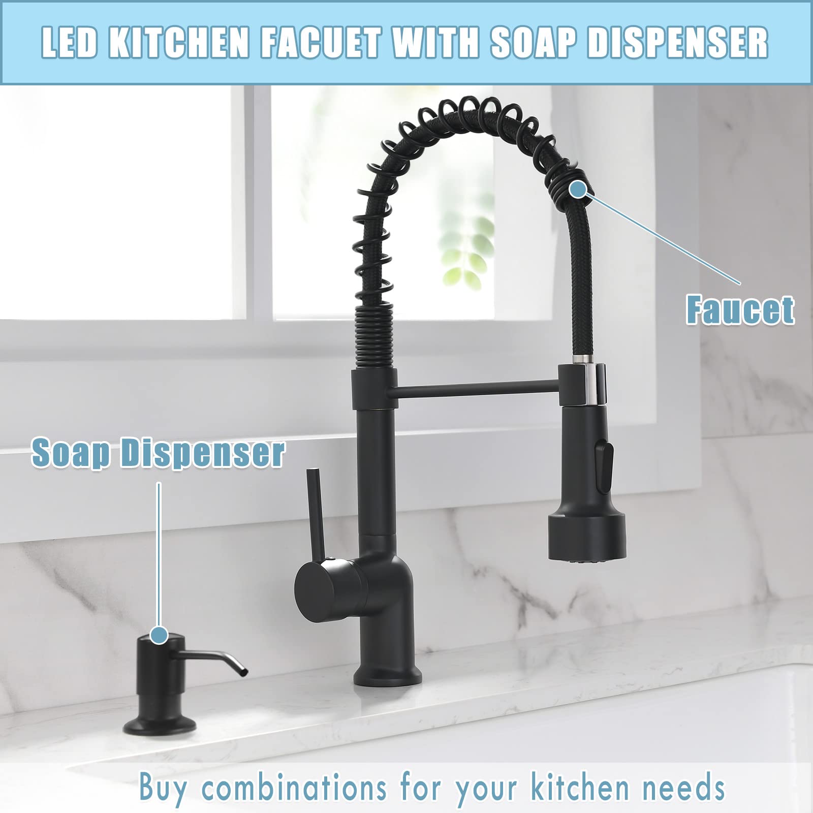 Gimili Matte Black Led Kitchen Faucet With Soap Dispenser, Modern Single Handle Spring Kitchen Sink Faucets With Pull Down Spray