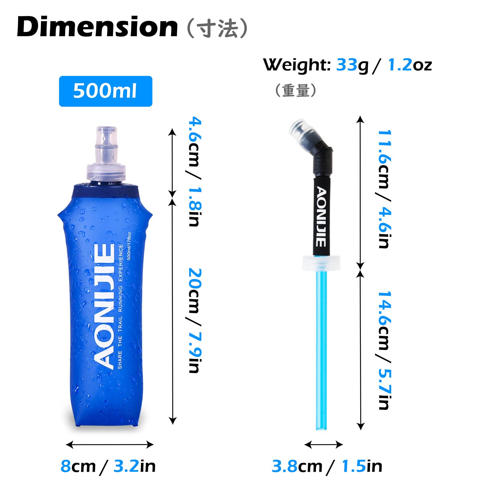 TRIWONDER Collapsible Water Bottles TPU Soft Flask Running Bottles BPA-Free Sports Flasks for Hiking Climbing Camping (500ml/16.91oz with Straws - Pack of 2)