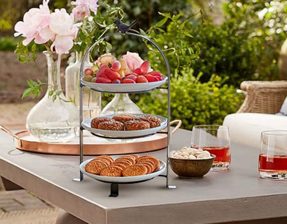 SparkWorks 3 Tiered Cake Stand  Tea Party Serving Platter  Dessert and Cupcake Stand  Metal Tiered Serving Stand Includes Three Premium White Stoneware Plates