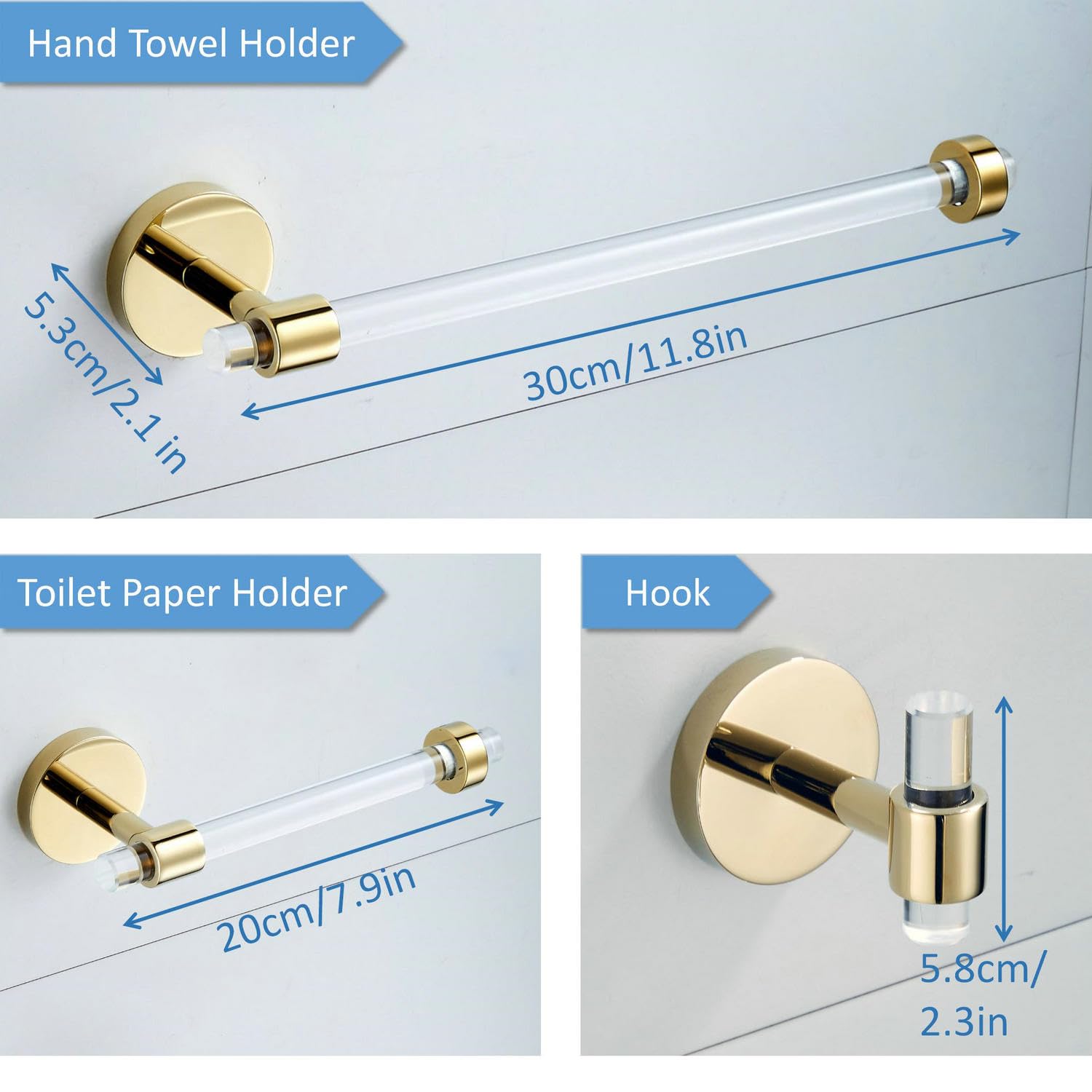 Gold Bathroom Hardware Accessories Set - Acrylic Hand Towel Holder Toilet Paper Holder Towel Hook - Wall Mounted Bath Towel Bar