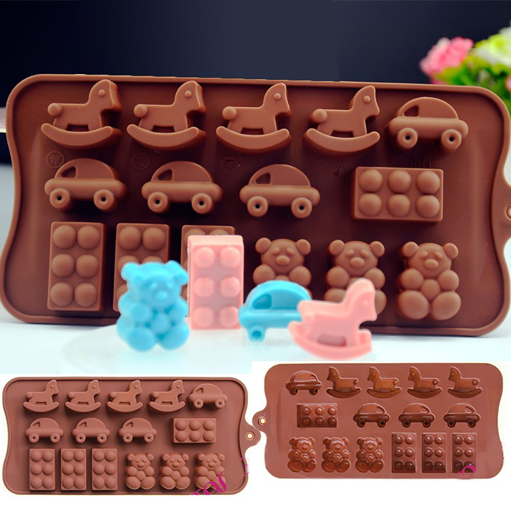 Charmed Rocking Horse, Car, Toy Brick And Teddy Bear Candy Chocolate Baking Mold Or Ice Tray (2 Pk)