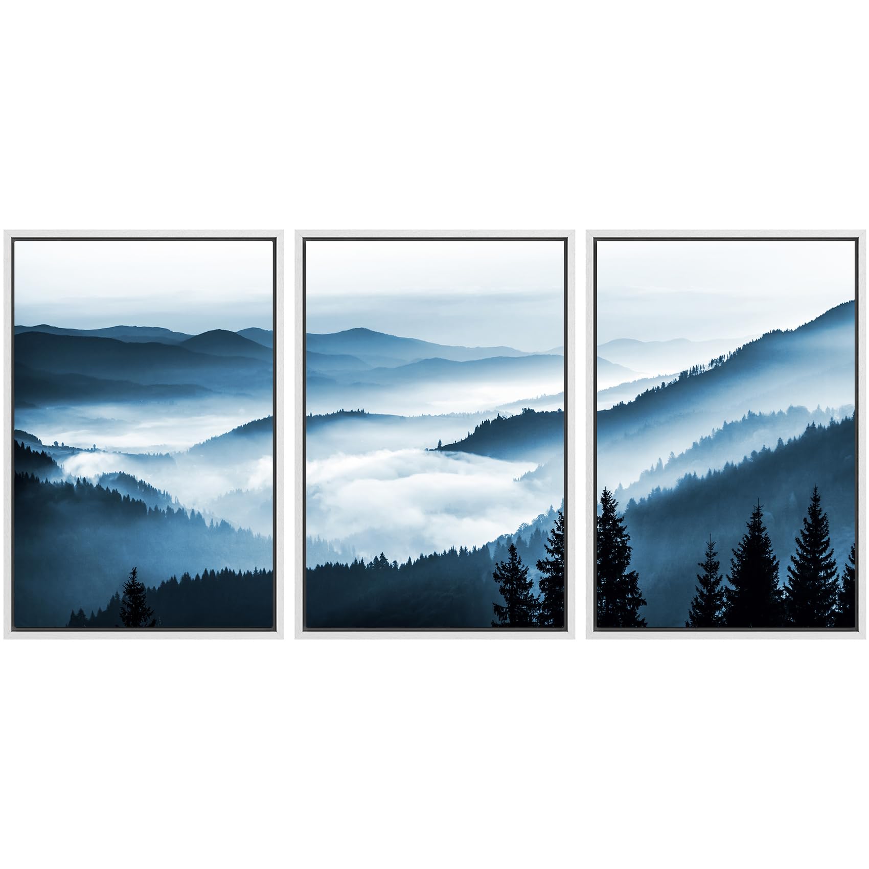 Signwin Framed Canvas Print Wall Art Set Misty Blue Duotone Mountain Range Forest Nature Wilderness Photography Modern Decorativ