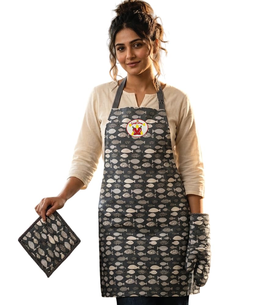 Maatir Queen Fish Apron Set | 100% Cotton 3 Piece Kitchen Apron, Oven Glove, Pot Holder
