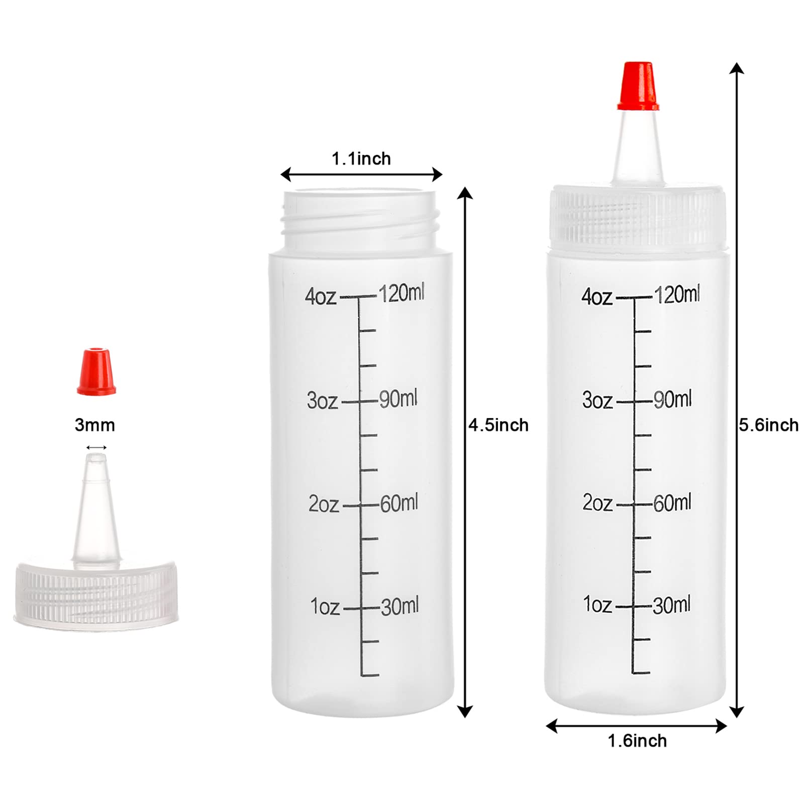 Foraineam 40 Pack 4 Oz (120 Ml) Small Condiment Squeeze Bottles With Red Tip Cap And Measurement, Durable Plastic Squirt Bottle
