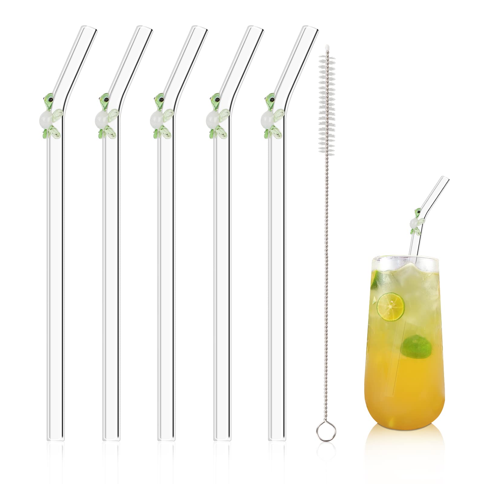Olpchee 5 Pcs Reusable Straws Clear Glass Straws Colorful Turtle Design Size 7.8'' X 8Mm With 1 Cleaning Brush For Smoothies, Mi