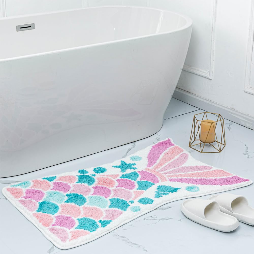 Cute Mermaid Bath Mat Funny Pink Ocean Fish Mermaid Scales Tail Shape Bath Rugs For Bathroom Non-Slip Soft Thick Microfiber Abso