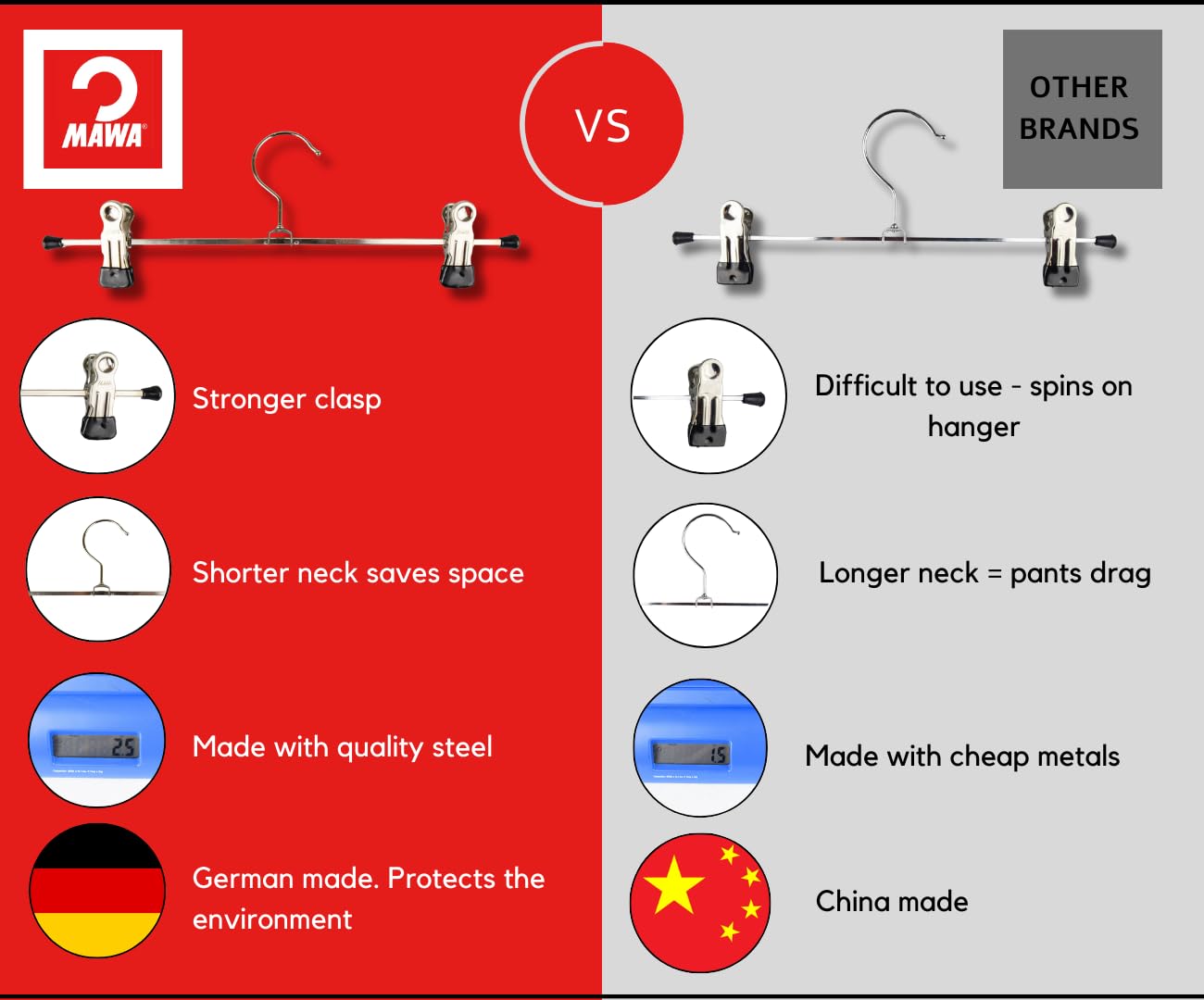 Mawa by Reston Lloyd Non-Slip Space-Saving Clothes Hanger For Pants & Skirts with Two Clips  Style K/40D  Set of 10  15 3/4''L  Silver