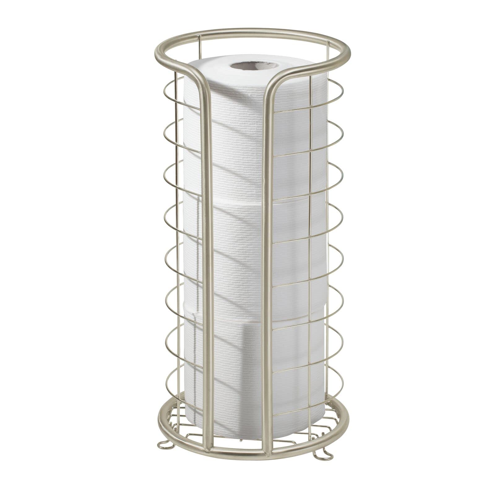mDesign Metal Toilet Paper Holder Stand - Storage Reserve for 3 Rolls of Toilet Tissue - Freestanding Toilet Paper Holder - Stylish Bathroom Floor Toilet Paper Stand - Omni Collection - Satin