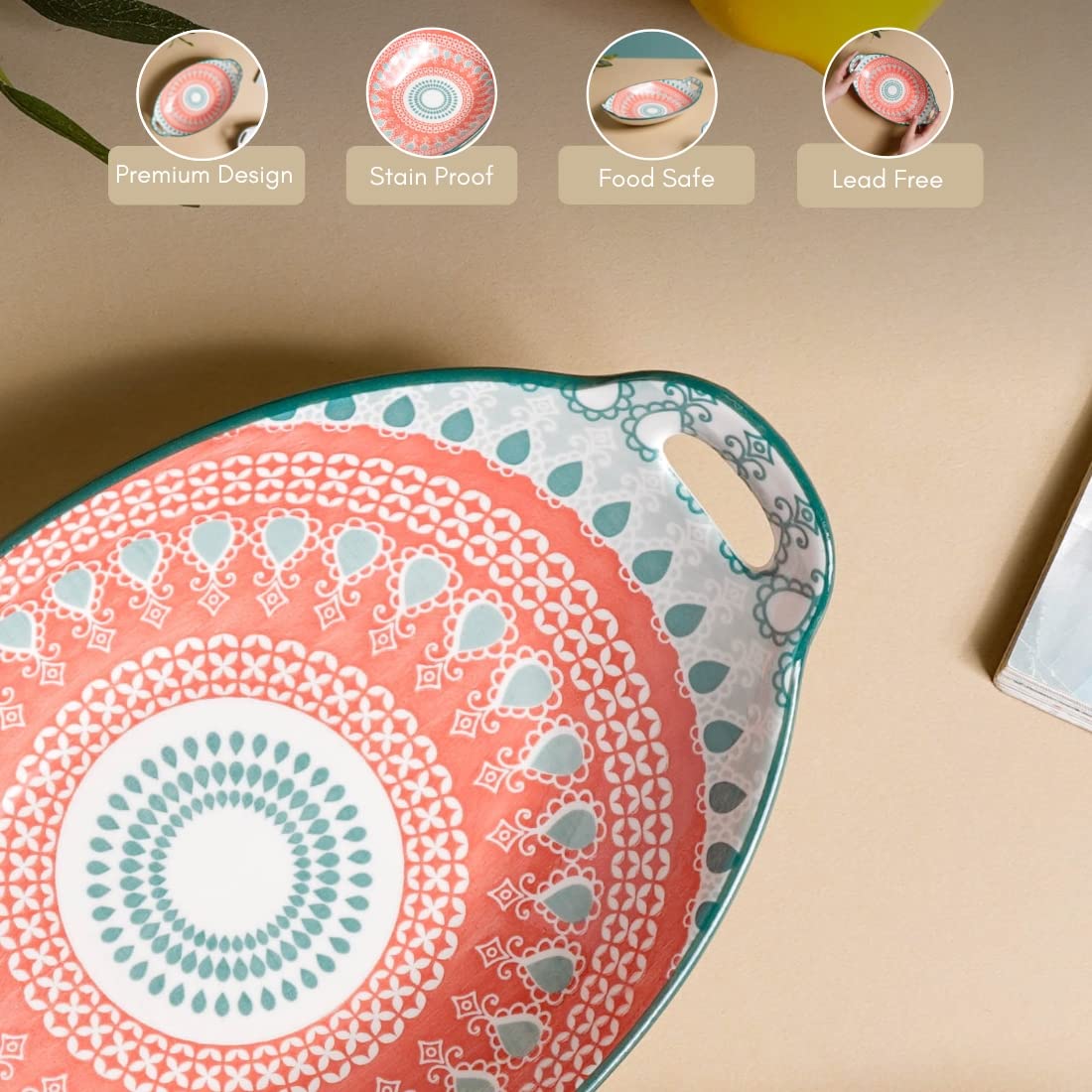 Nestasia Pink and Blue Mandala Ceramic Long Dish with Handles for Serving Snacks, Appetizers, Salads, and Noodles| Microwave Saf