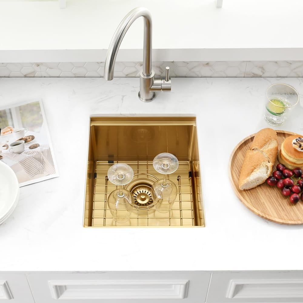 Boomhoze Gold Bar Sink Undermount, 12 X 15 Inch Undermount Bar Sink Workstation Small Kitchen Sink Brushed Gold Wet Bar Sink 16