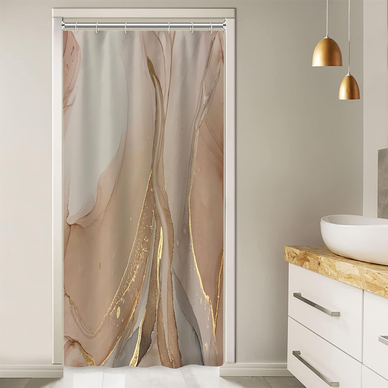 Ruelvth Stall Shower Curtain, Brown Marble Small Shower Curtain Grey And Tan Ink Texture Waterproof Fabric Rv Shower Curtain Set